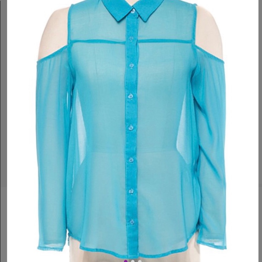 Blue sheer cutout button up top size  small